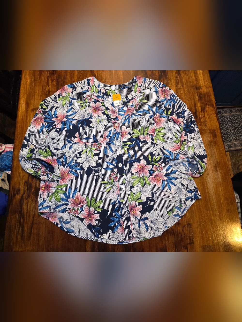 Ruby Rd. Navy Striped Tropical Floral Blouse with Pink & Blue Accents
